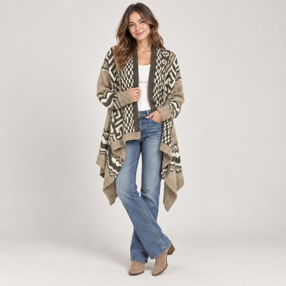 Abercrombie & Fitch Cardigan Womens XS/S Tan Geometric Wool Blend Waterfall Knit